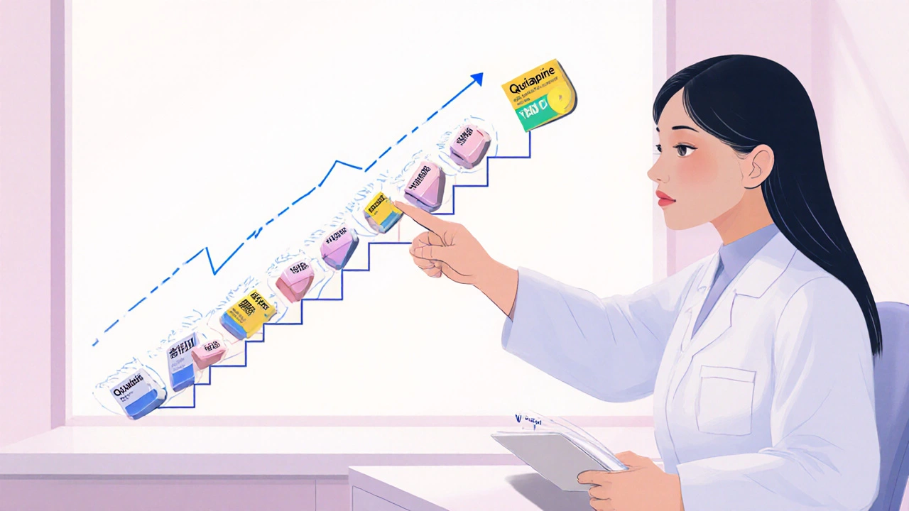 A doctor and patient review a tapering schedule, with pills descending a staircase and merging into a new medication.
