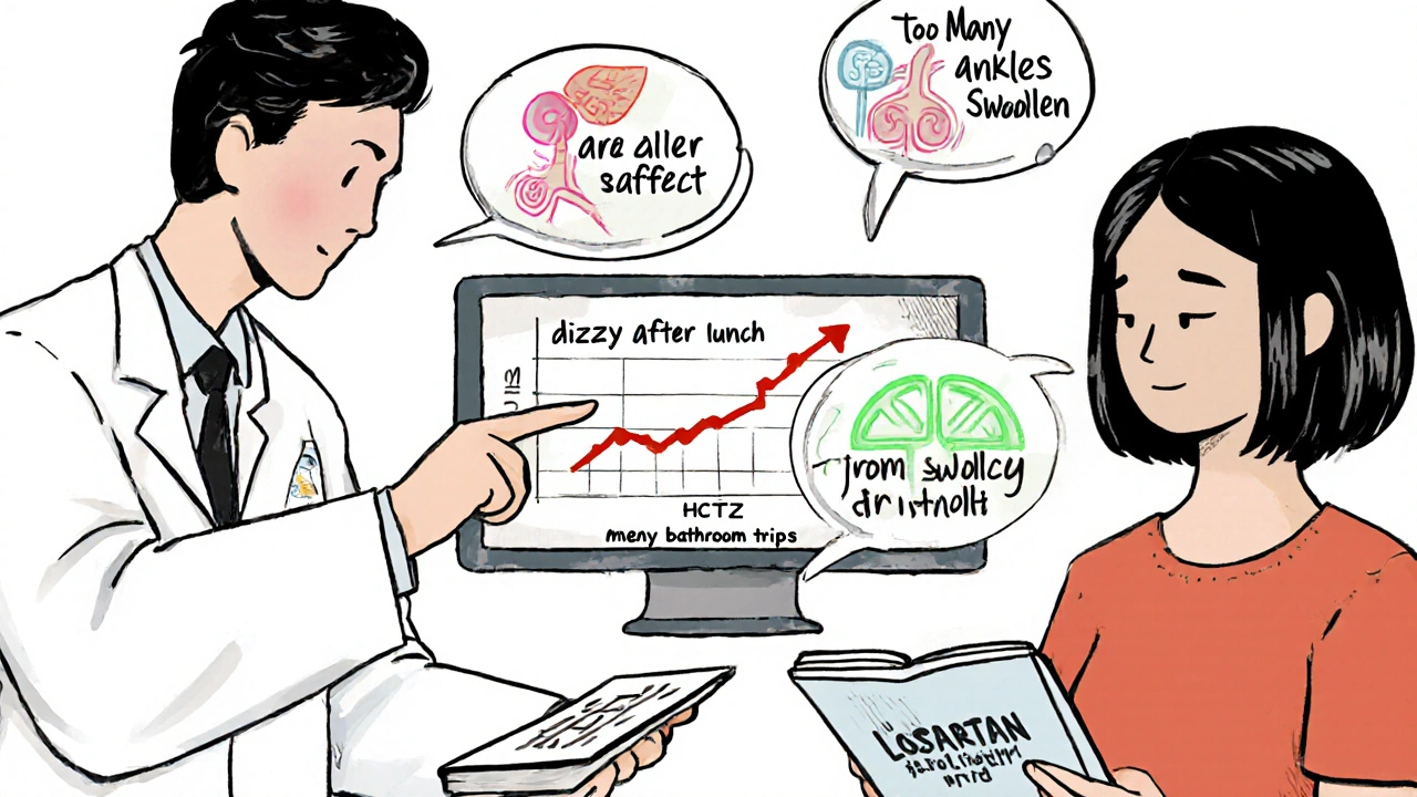 A doctor and patient reviewing a blood pressure graph with side effect icons floating around them.