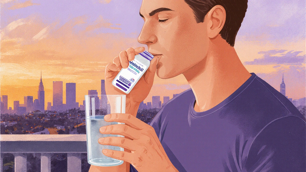 Adult taking a Montelukast tablet with water on a balcony at sunset, feeling calm.