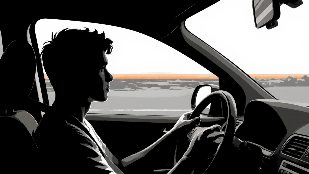 Car passenger looking uneasy, horizon highlighted to show motion sickness conflict.