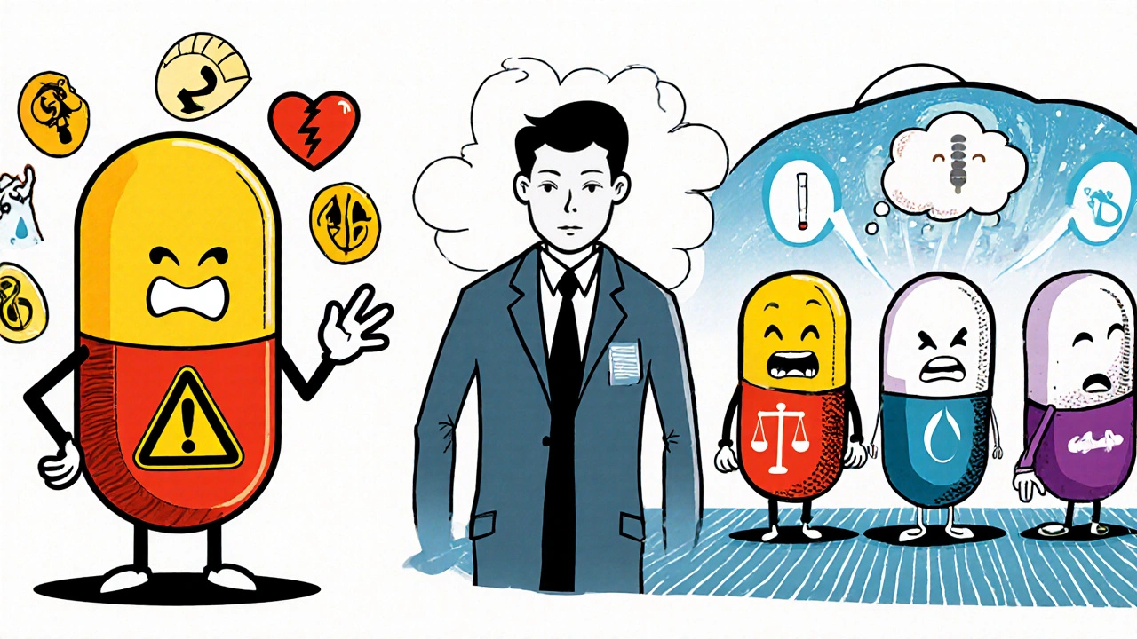 Cartoon characters personifying thioridazine and other antipsychotics display icons of their common side effects.