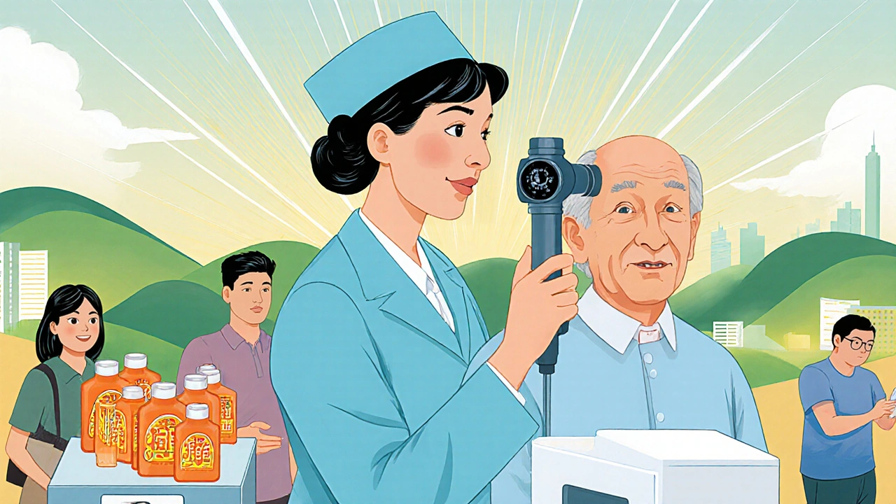 Community health workers using portable eye screeners and handing travoprost drops to smiling patients.
