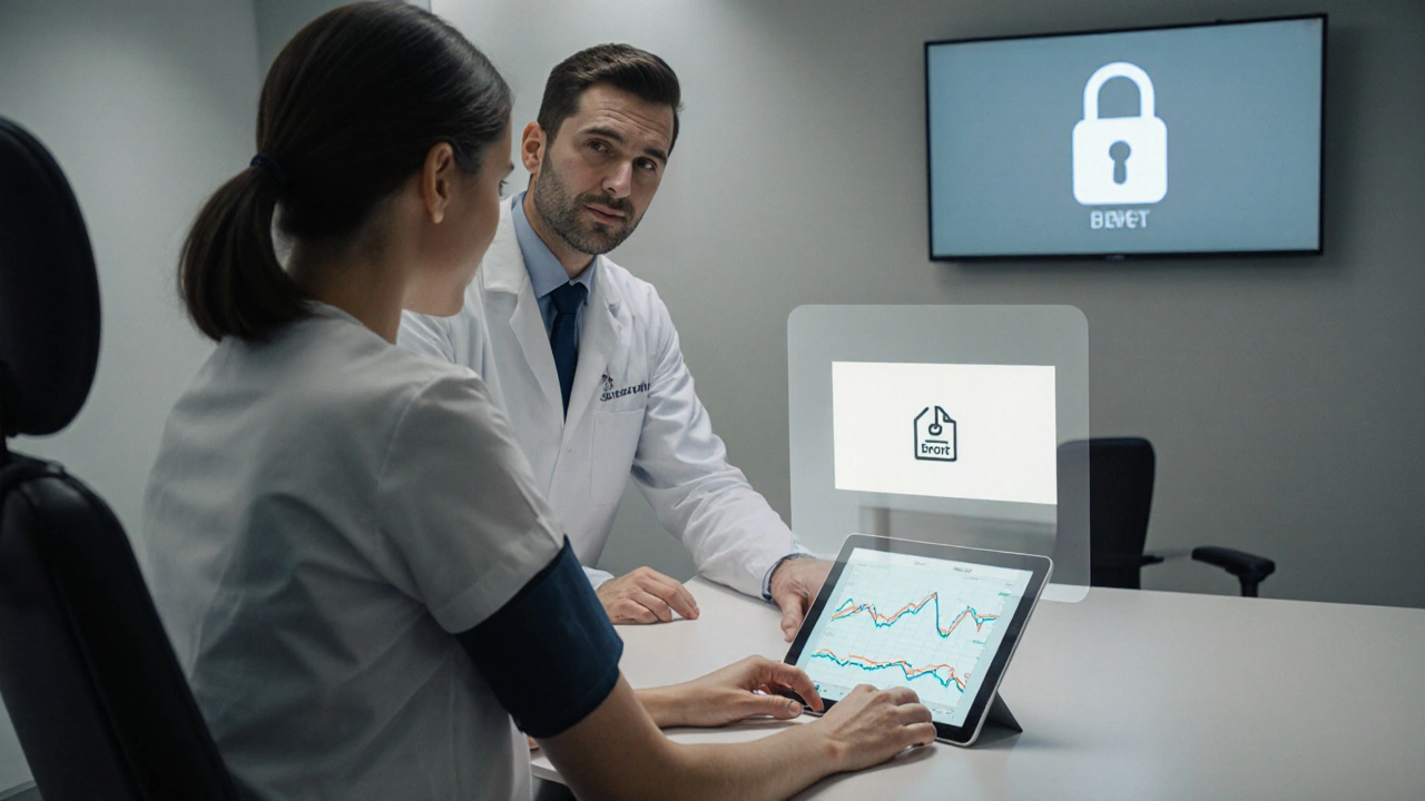 Doctor and patient review digital blood pressure data on a tablet in a medical office.