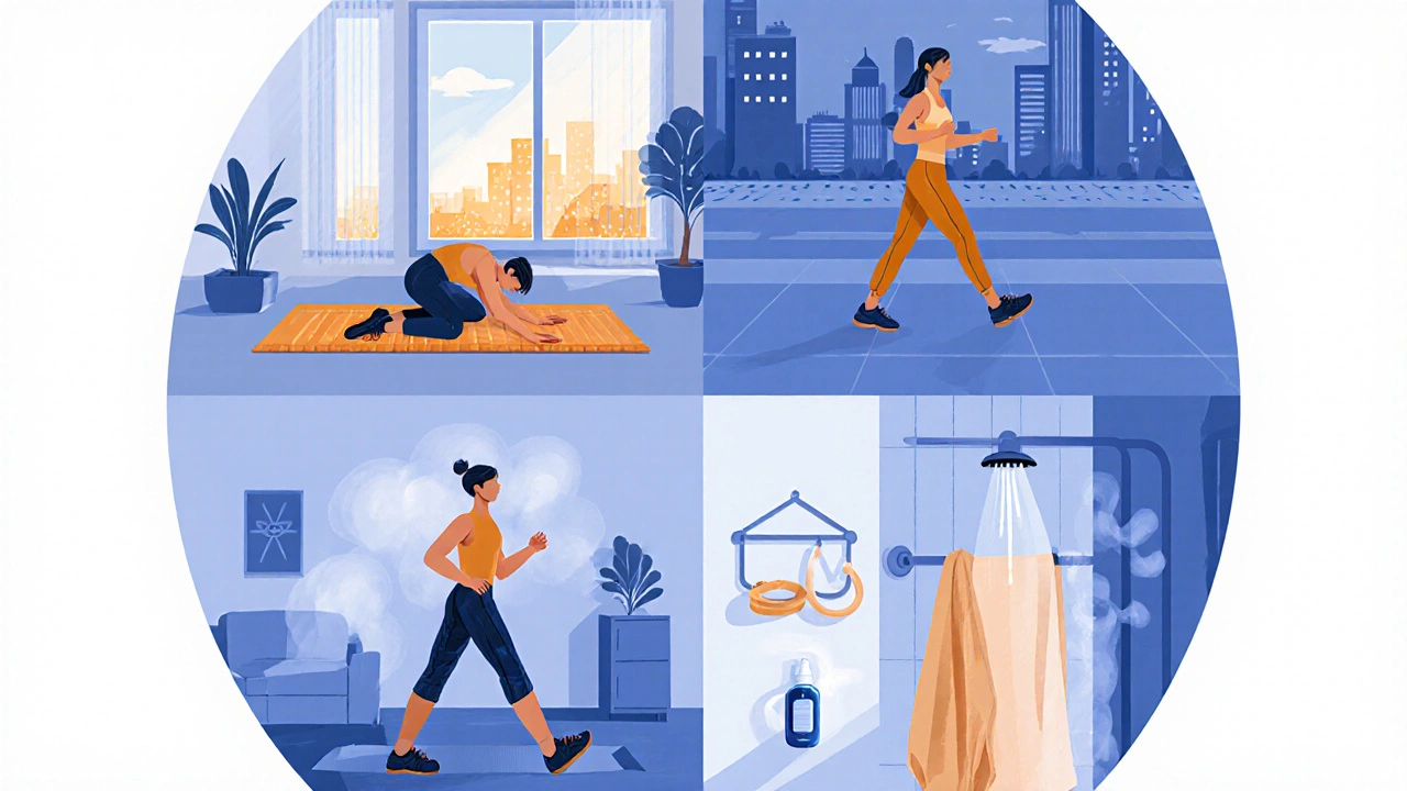 Four-part illustration of yoga, walking, strength training, and shower routine for itch relief.