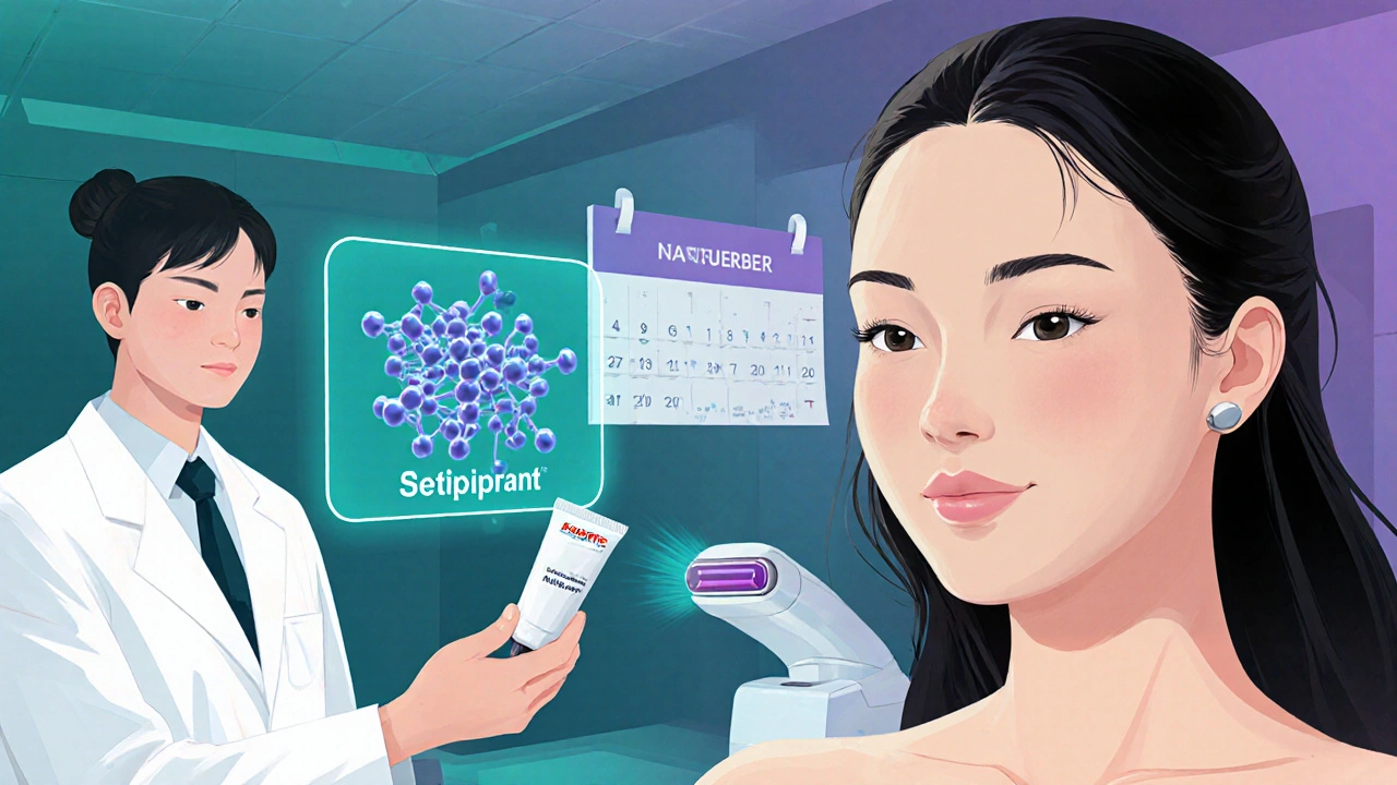 Future clinic with a woman, doctor, and holographic hair‑inhibitor technology.