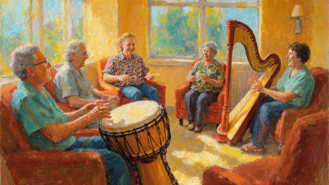 Group music therapy session with drum circle, smiling patients, bright sunlit lounge.
