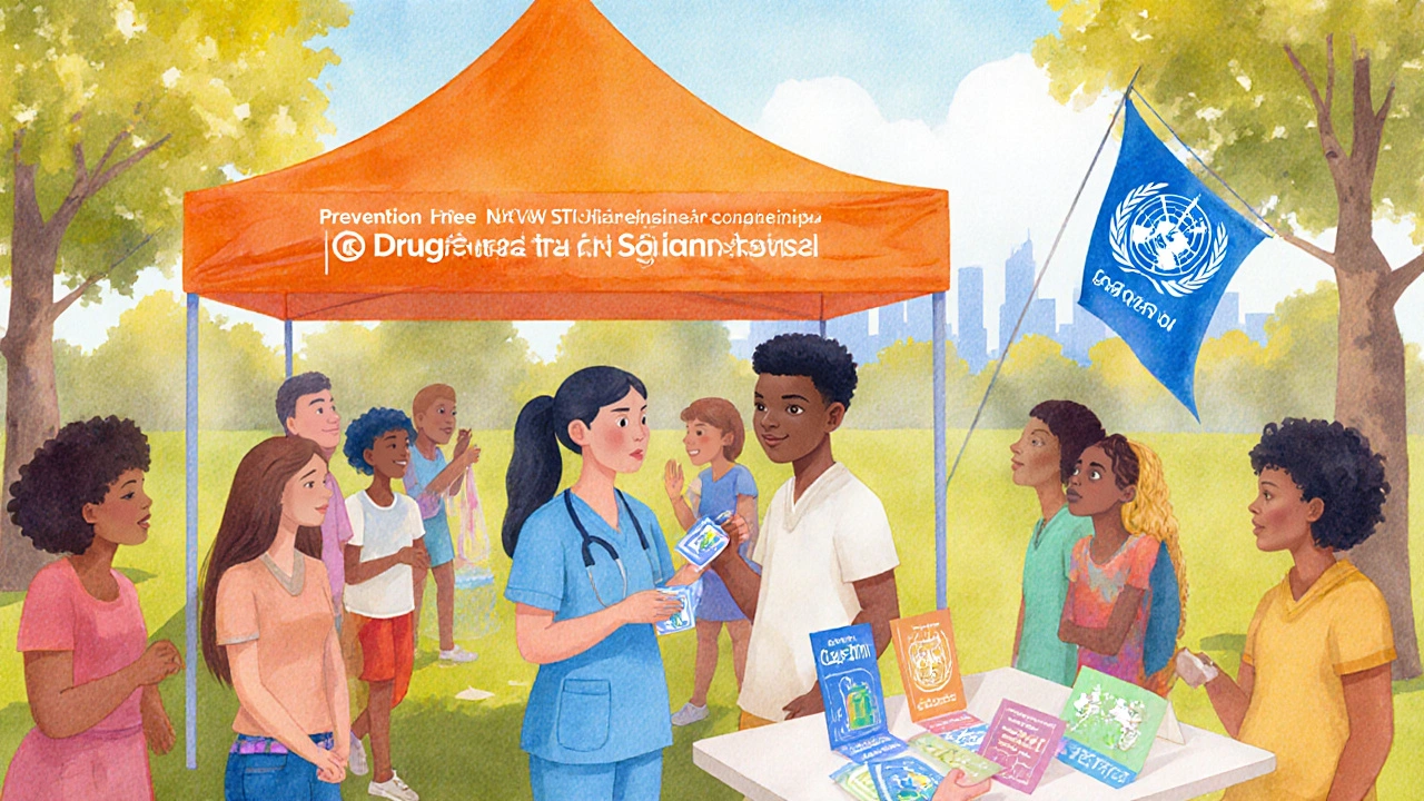 Health fair with nurse counseling couple, offering condoms and STI screening.