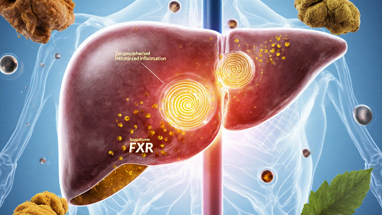 Illustration of guggulsterone molecules binding liver receptors, with glowing anti‑inflammatory pathways beside Boswellic acid droplets.