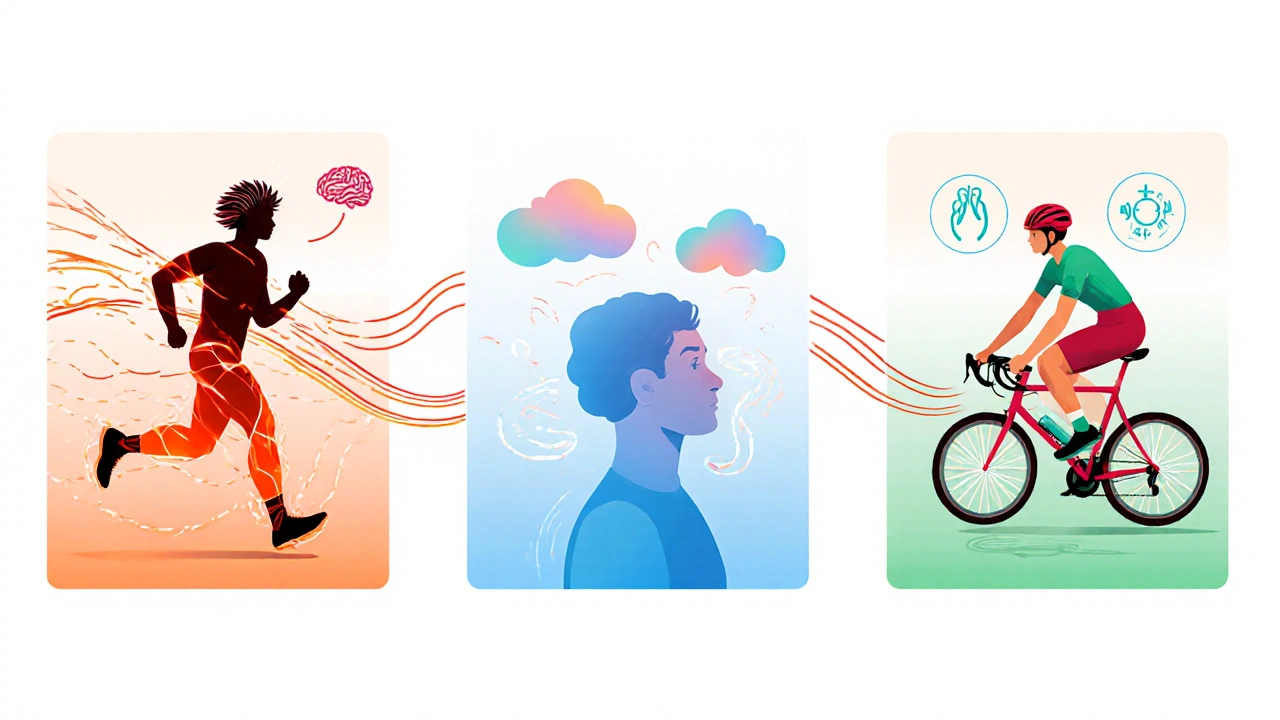 Illustration showing three panels: endorphins, stress reduction, and circulation improving skin.