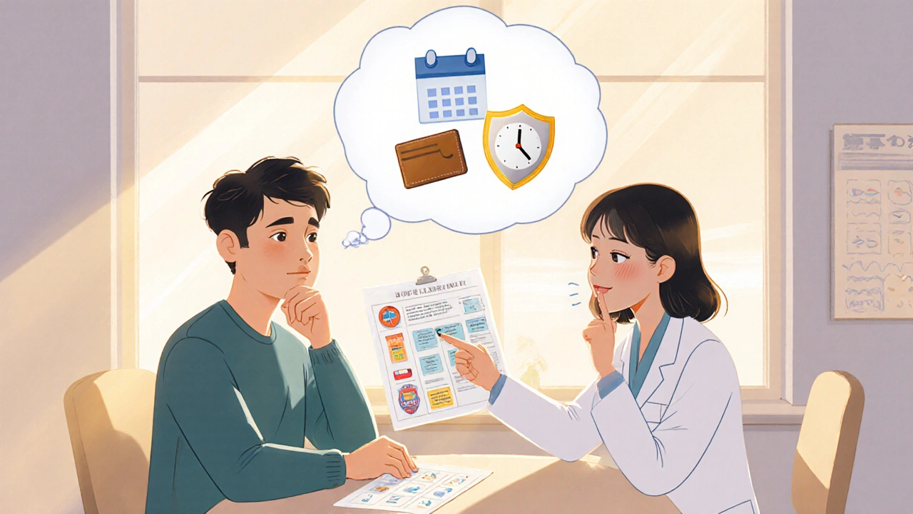 Man consulting a doctor, thought bubble shows timing, budget, and side‑effect concerns.