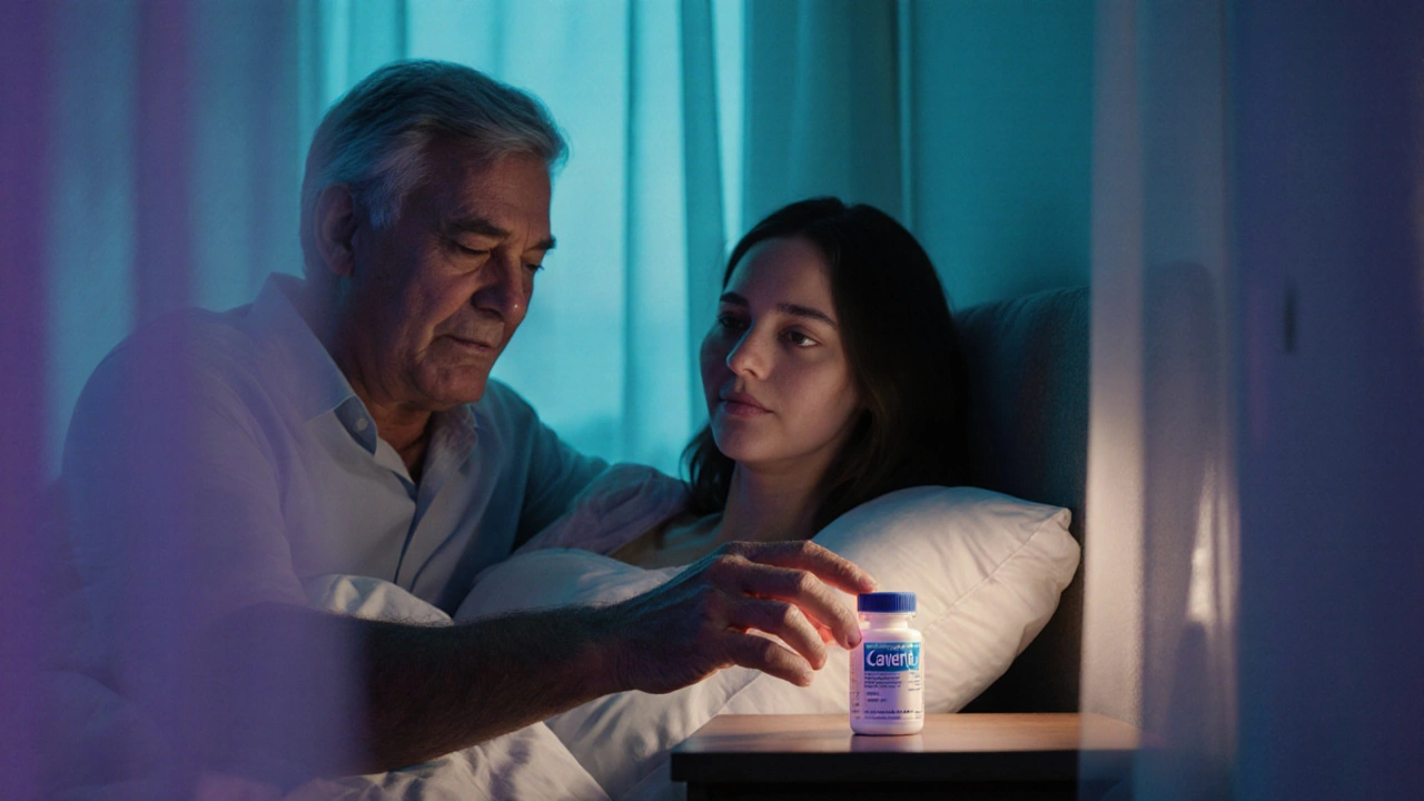 Man reaching for Caverta bottle beside partner in a dimly lit bedroom.