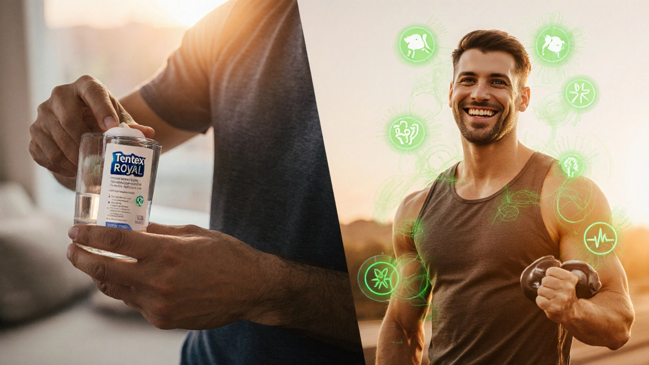 Man taking a capsule in the morning, later training energetically after weeks of use.