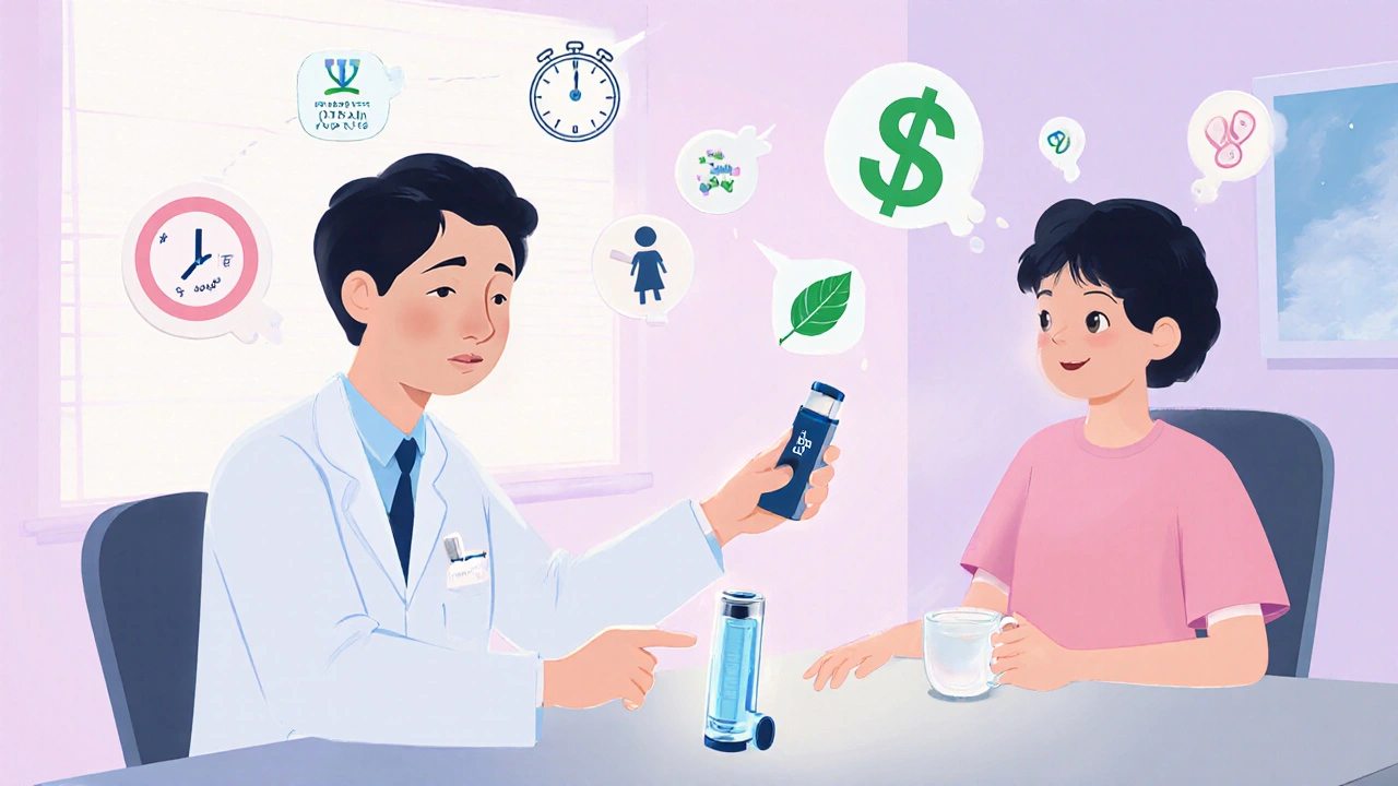 Manhua doctor and patient discuss inhaler choice, showing a spacer, mouth rinse, and icons for cost, dosing frequency, and pediatric use.