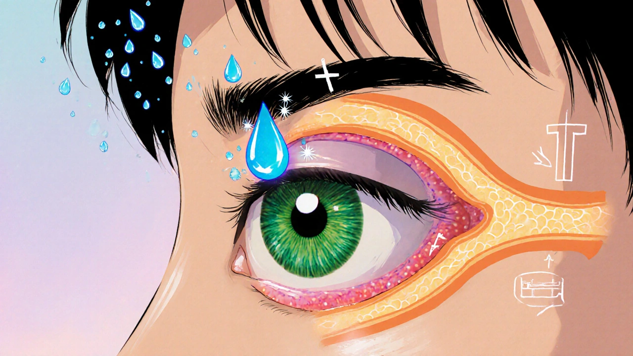 Manhua eye diagram showing a travoprost drop opening drainage channels, highlighting its pressure‑lowering action.