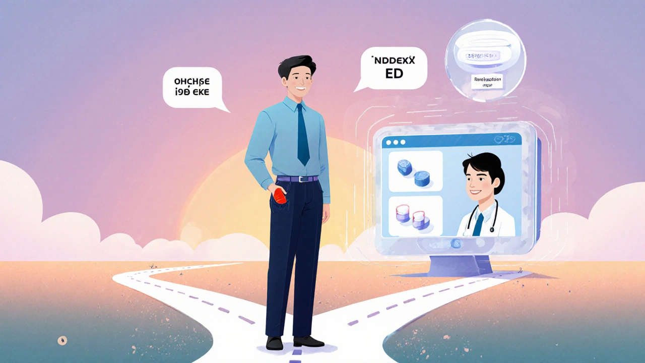 Manhua illustration of a man consulting a doctor via telehealth and deciding to take a discreet softgel.