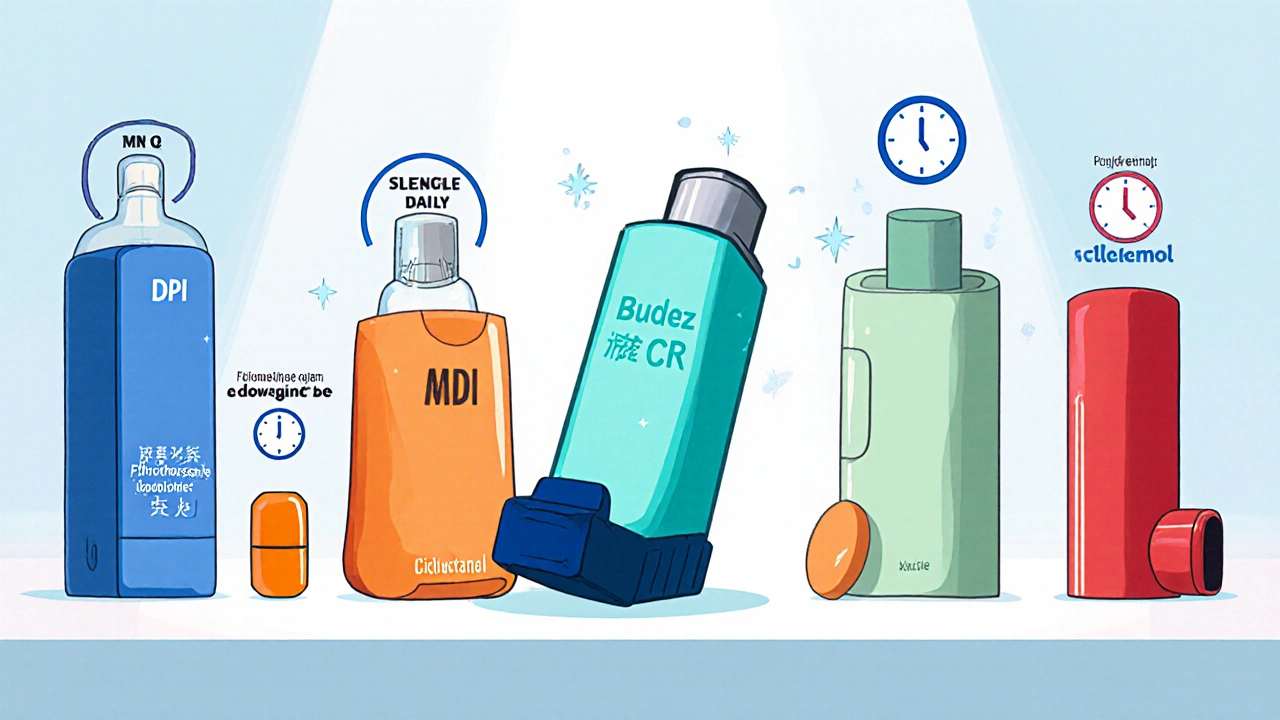 Manhua lineup of Budez CR press‑meter inhaler beside fluticasone, beclomethasone, ciclesonide inhalers, a montelukast tablet and a salbutamol inhaler.