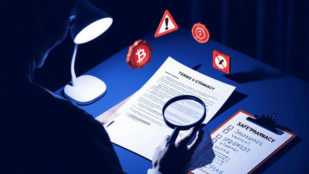 Nighttime home office with shopper examining red‑flag icons on a pharmacy document.