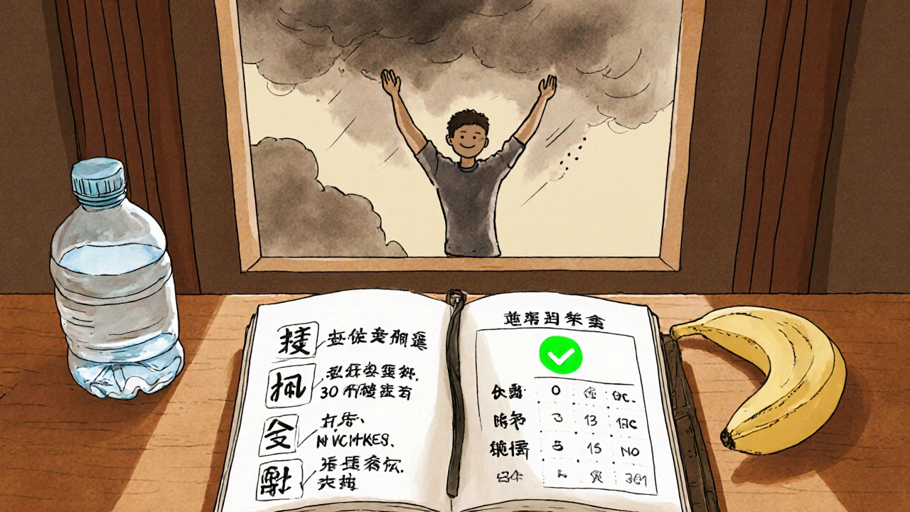 Open journal tracking exercise and medication with icons, banana and water bottle beside it, showing successful migraine-free walk.