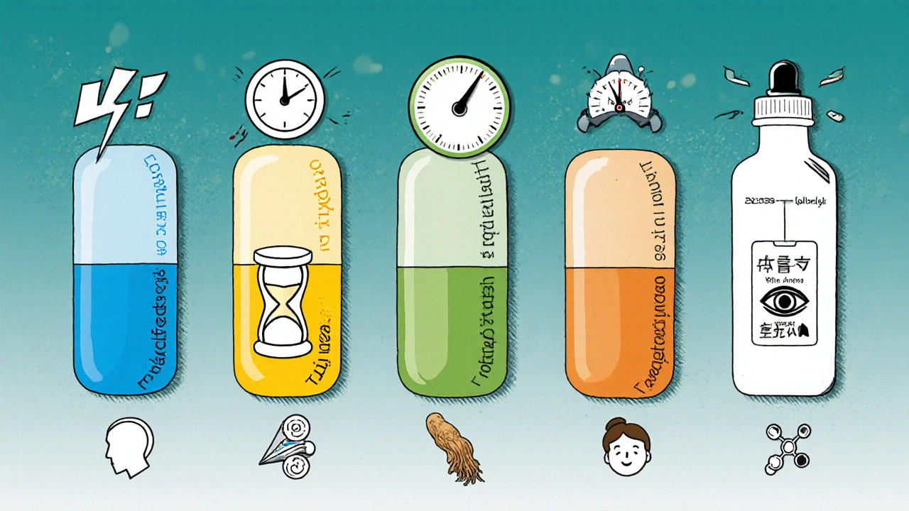 Panel showing six different ED treatment icons with visual symbols for onset, duration, and side effects.