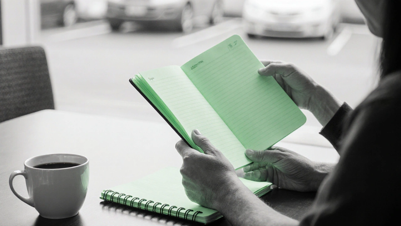 Patient holding notebook with researcher’s supportive hand, hinting at trial preparation.