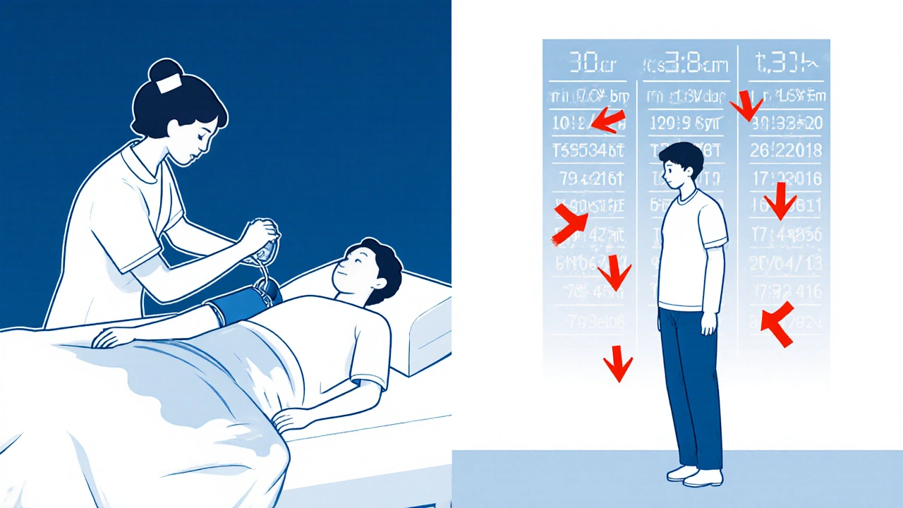 Patient lies down then stands, with blood pressure cuff and drop in pressure illustrated.
