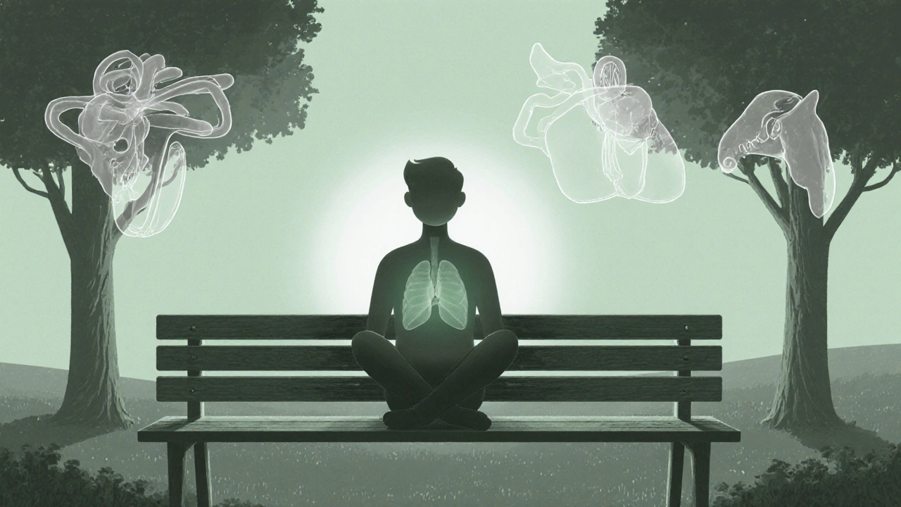 Person breathing on a bench with faint vestibular diagrams in the background.