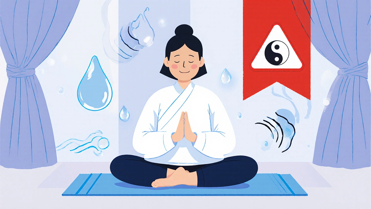 Person doing gentle yoga indoors with hydration and breath symbols, avoiding intense exercise icons in background.