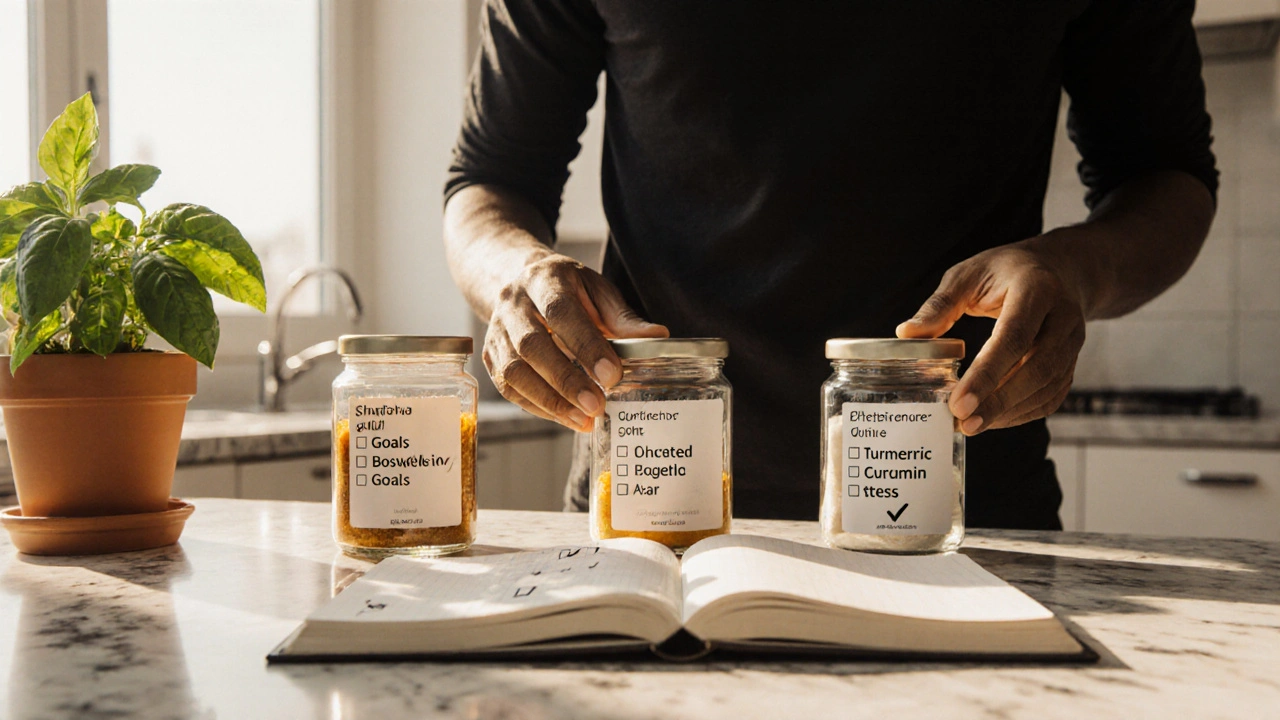 Person evaluating supplement jars of Shuddha Guggulu, Boswellia, and Turmeric on a kitchen counter.