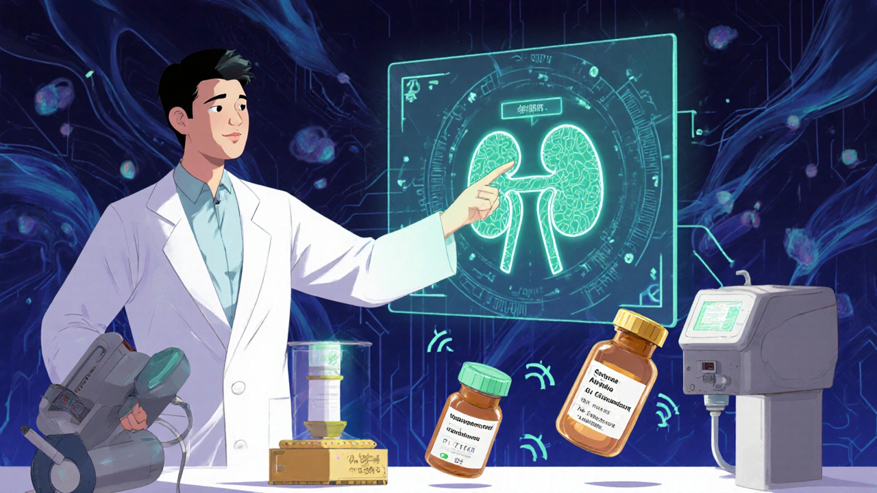 Pharmacist using AI-powered dosing system with glowing biomarker data and dialysis machine in a futuristic pharmacy.