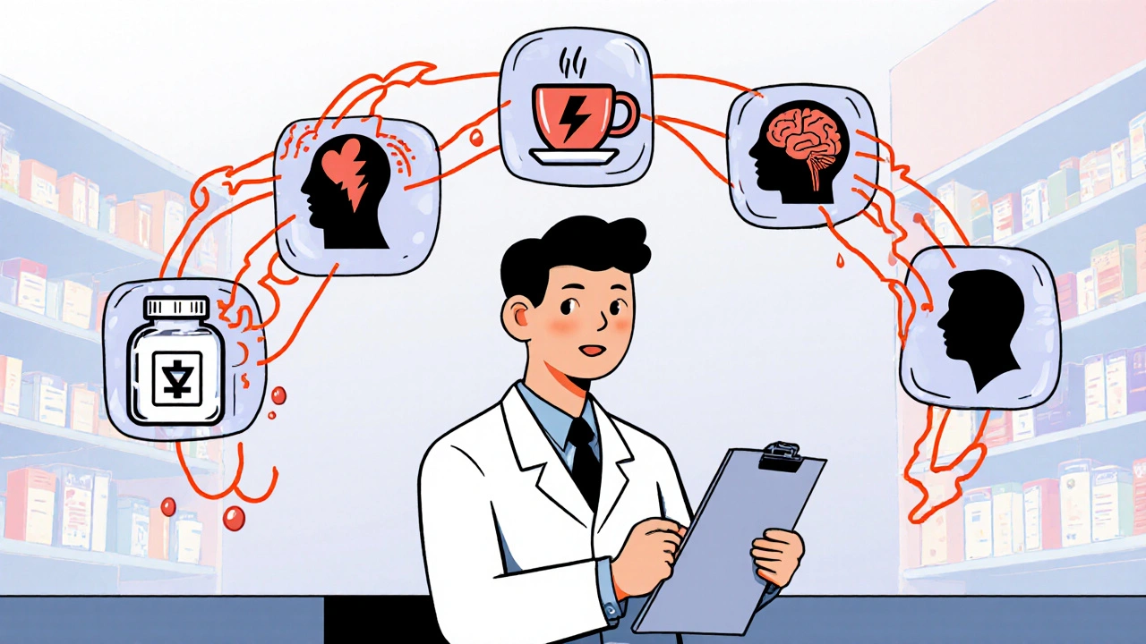 Pharmacy scene with floating medication icons linked to coffee cups showing side effects.