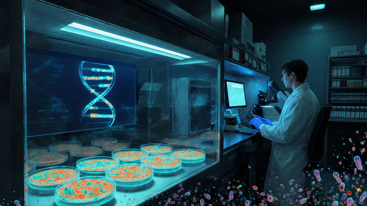 Scientists examine glowing petri dishes of resistant gonorrhea in a high‑tech lab.