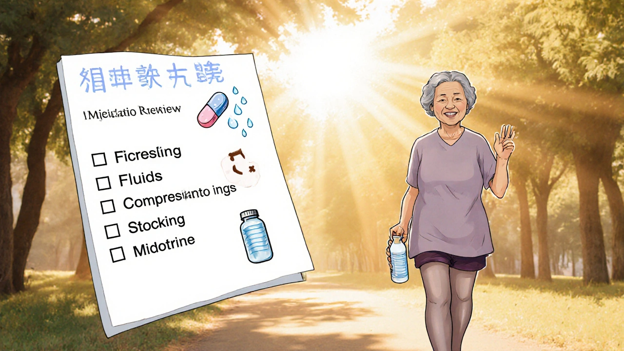 Senior woman walks confidently wearing compression stockings, with floating treatment checklist.