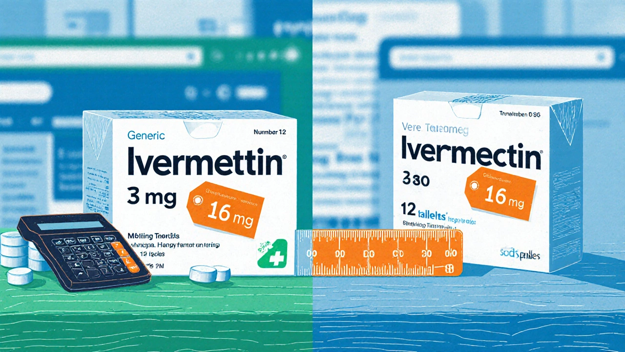 Side‑by‑side view of two ivermectin tablet boxes with calculator and ruler for price comparison.
