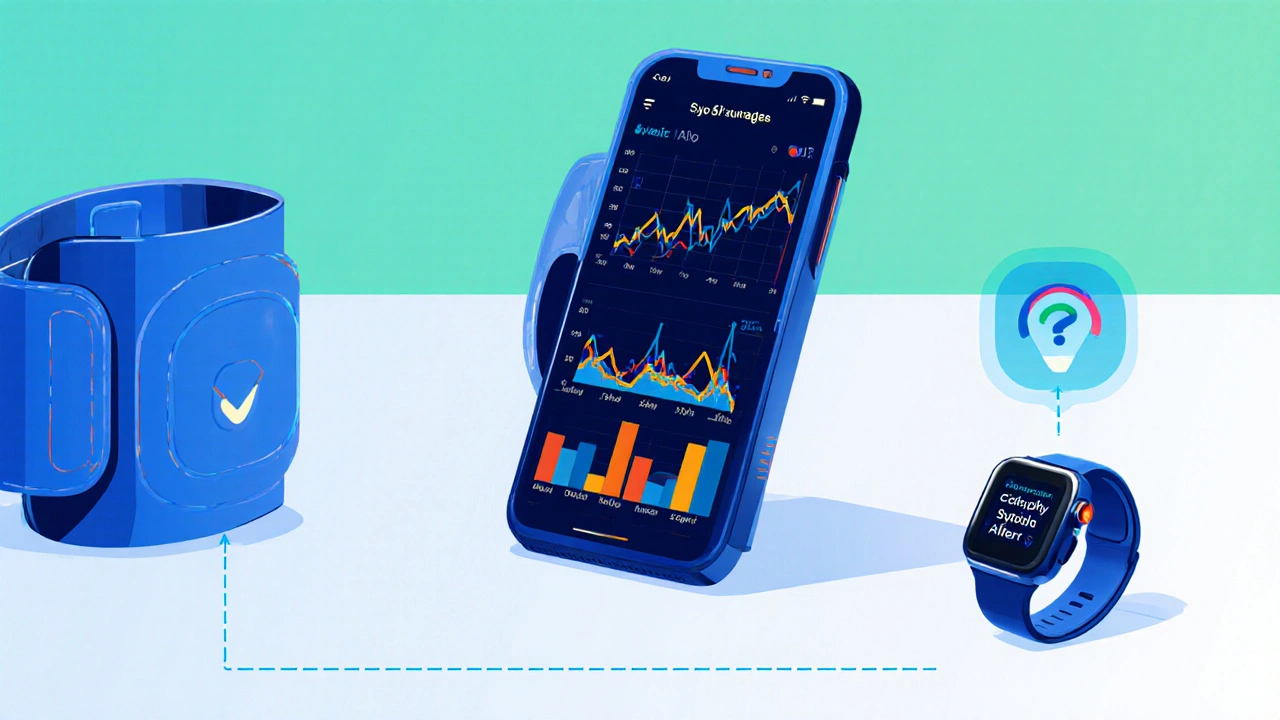 Smartphone screen shows colorful blood pressure trend charts with a cuff and smartwatch nearby.