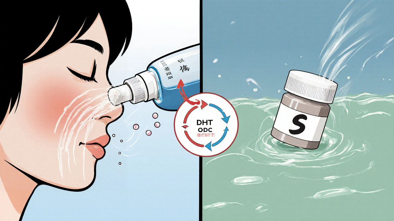 Split illustration of a cream bottle and a pill showing how they block hair growth.