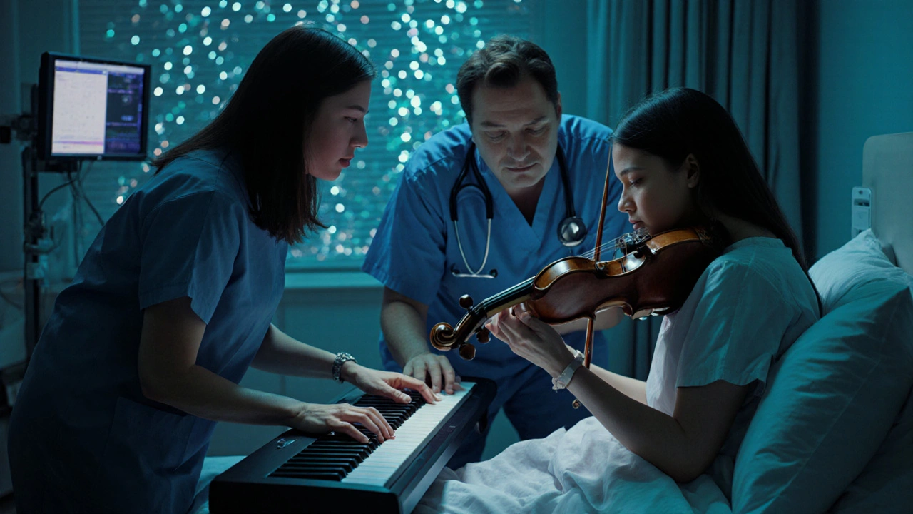 Therapist and oncologist discuss music plan beside patient holding a violin.