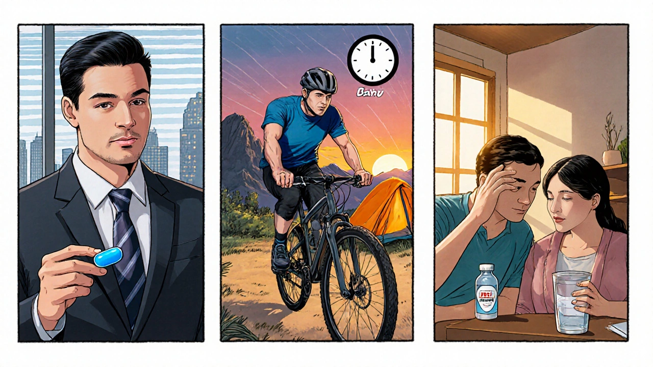 Three scenes: professional with daily Cialis, biker with Viagra, couple using L‑arginine supplement.