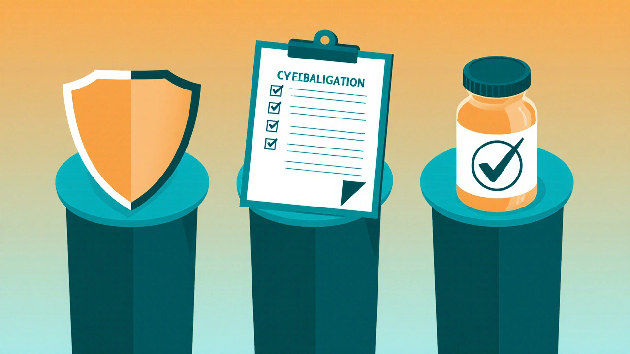 Three visual pillars representing legitimacy, prescription, and authenticity for online pharmacy safety.