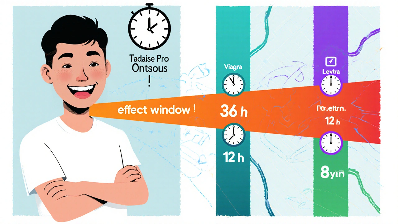 Timeline illustration comparing onset and duration of different ED pills with clock icons.