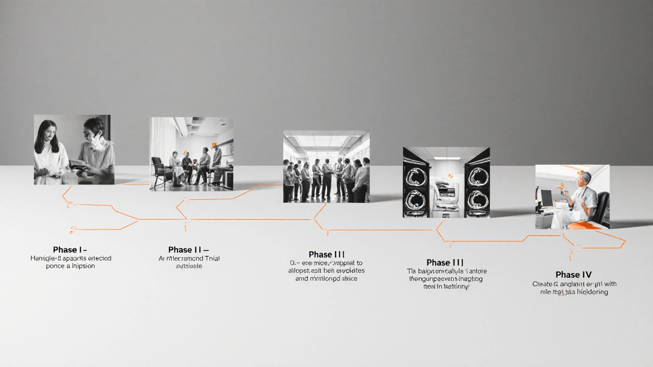 Timeline of lymphoma trial phases showing patient groups and medical activities.