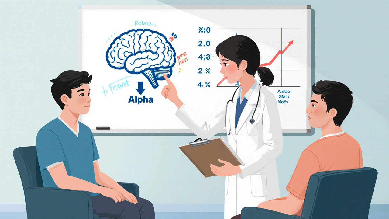 VA doctor showing brain diagram and chart to veterans in a clinic setting.