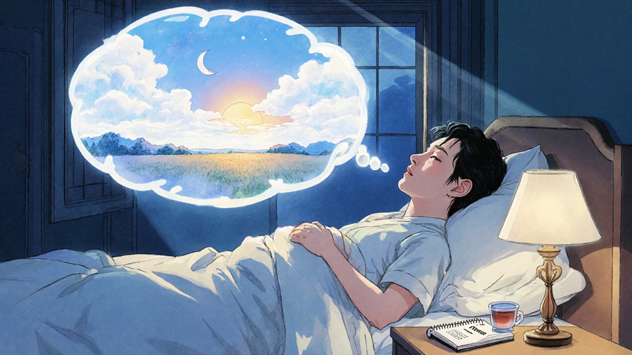 Veteran sleeping peacefully, dream bubble of sunrise, pill and sleep log on nightstand.
