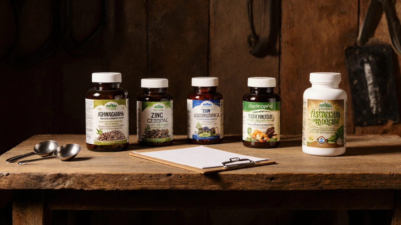 Wooden bench with six different herbal supplement bottles arranged for comparison.