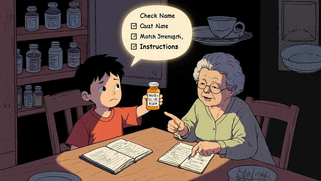 A family discusses medication safety at dinner, with a notebook listing doses and a discarded pill bottle in the background.