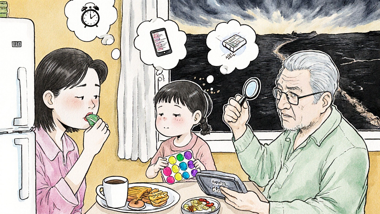 A family takes morning pills together, with reminder stickers and safe habits illustrated in floating thought bubbles.