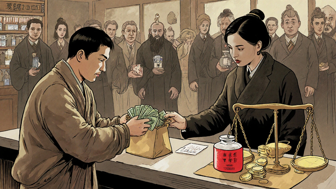 A patient receives expensive medicine at a pharmacy while shadowy figures of insurers weigh gold coins on a scale.