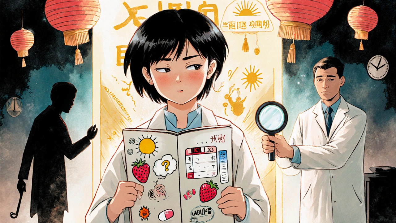 A patient tracking hives triggers with a journal, facing a portal to advanced treatments as a specialist offers guidance, with symbolic elements floating nearby.