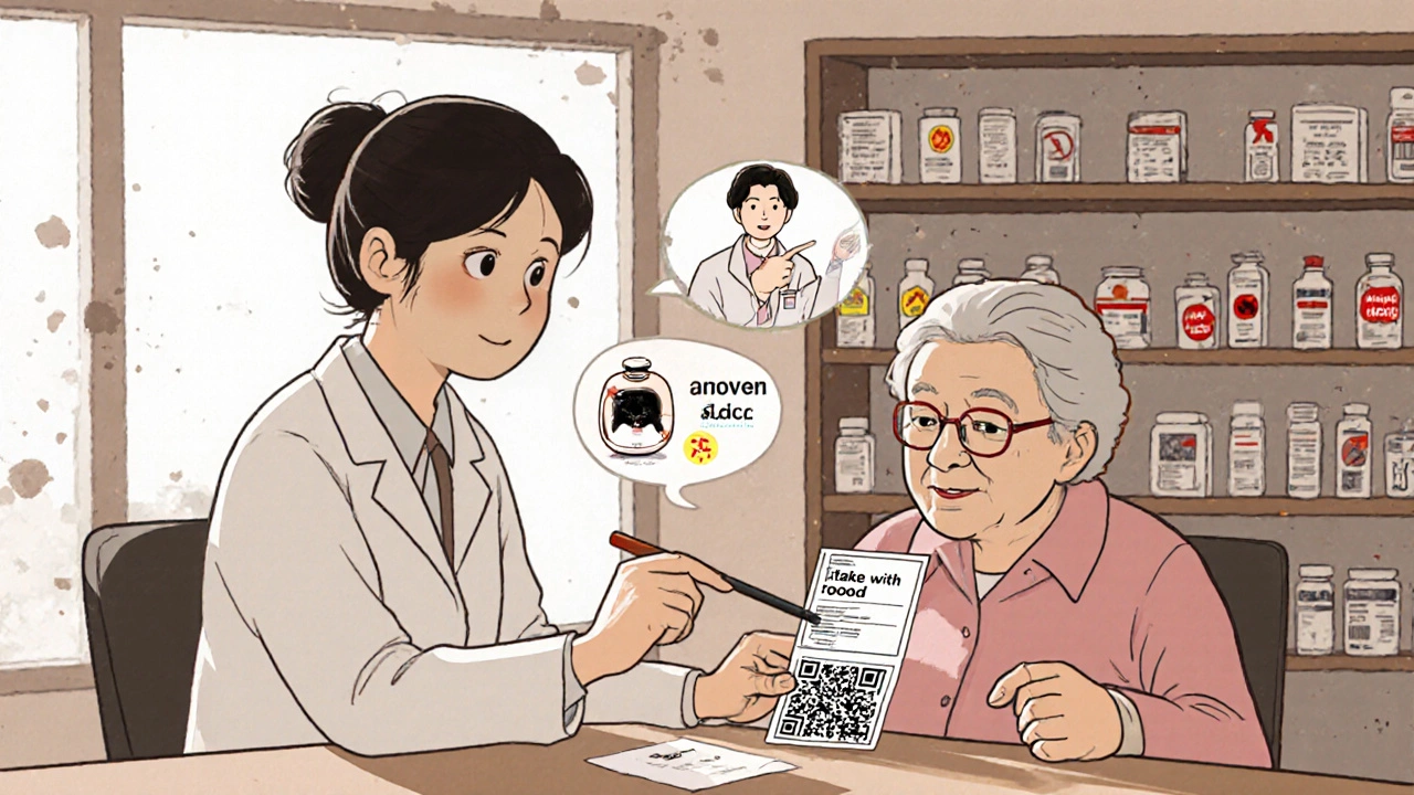 A pharmacist explains a prescription label to an elderly woman using a QR code that projects an animated video guide.
