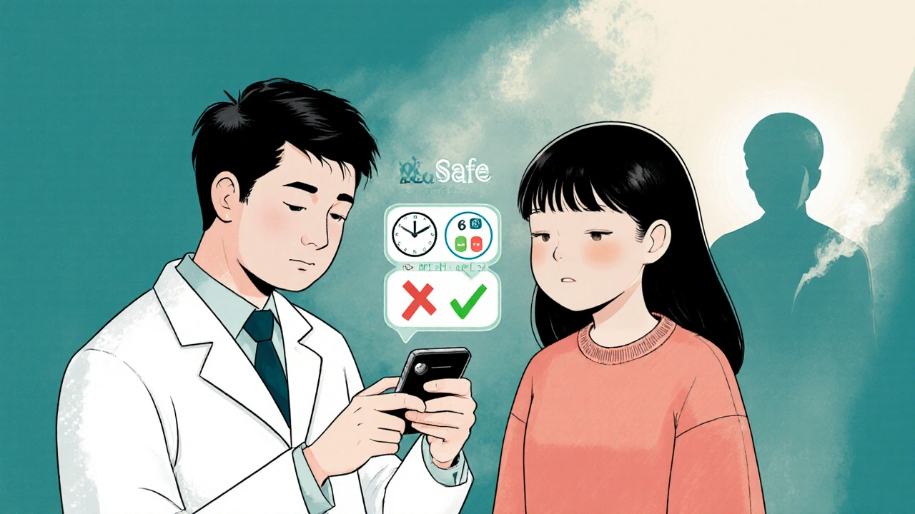 A pharmacist shows a patient a smartphone app with icons indicating safe missed-dose actions and a red slash over doubled pills.