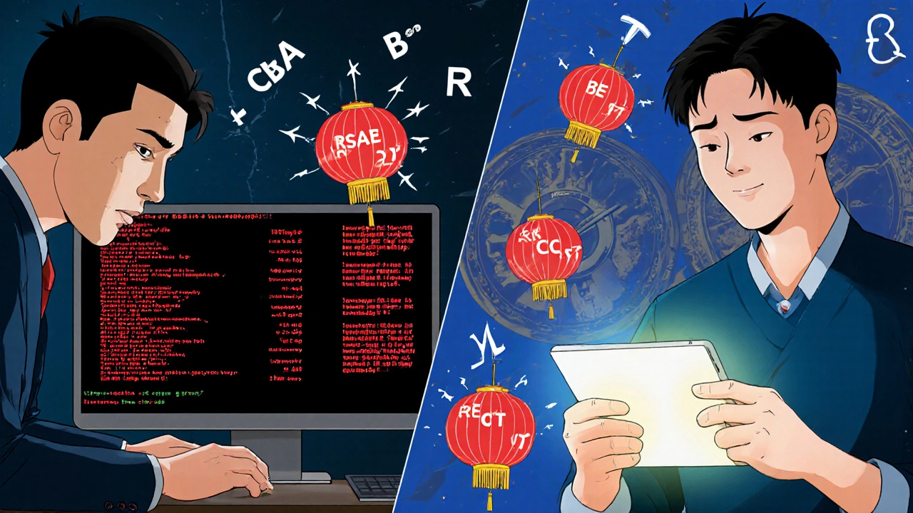 A statistician comparing incorrect SAS software with the correct replicateBE tool, surrounded by floating mathematical formulas as paper lanterns.